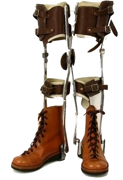 Forrest Gump's leg braces: steel and leather braces strapped to a pair of brown lace-up boots