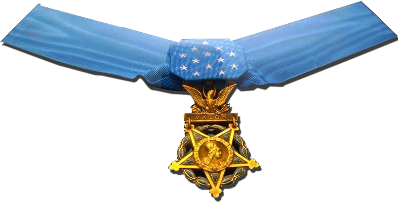 The Medal of Honor on its light-blue ribbon, the medal Forrest receives for carrying his platoon out of the jungle