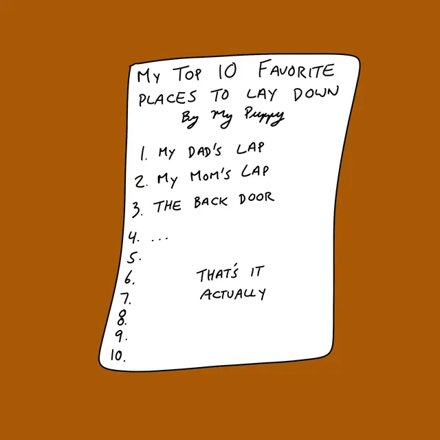 My Top 10 Favorite Places to Lay Down, by My Puppy, hand-lettered by Travis