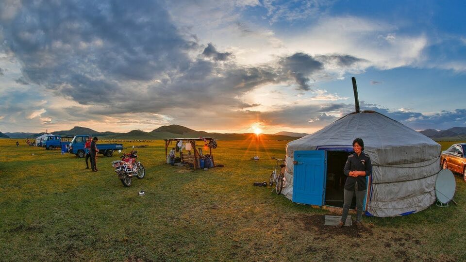 A ger on the Mongolian steppe at sunset