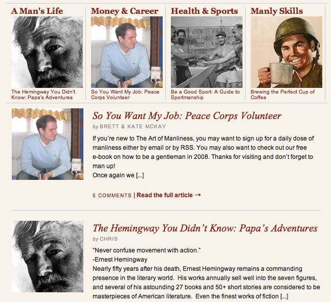 Screenshot of the Art of Manliness homepage featuring the post “So You Want My Job: Peace Corps Volunteer” by Brett & Kate McKay with a photo of Travis in a light blue sweater