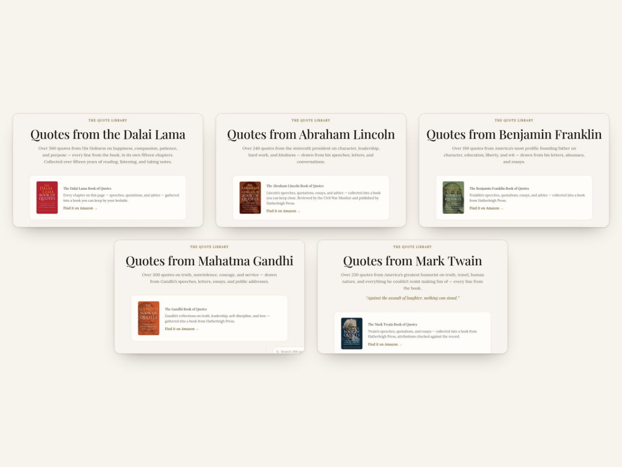 The tops of the five quote libraries: the Dalai Lama, Abraham Lincoln, Benjamin Franklin, Mahatma Gandhi and Mark Twain, each with its book cover