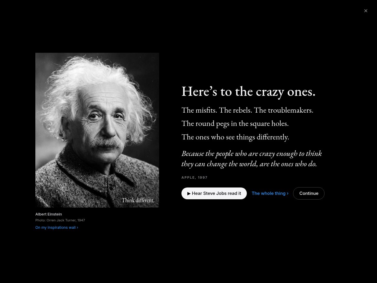 The Apple vibe&rsquo;s Think Different poster: Albert Einstein in black and white beside the words of Here&rsquo;s to the Crazy Ones