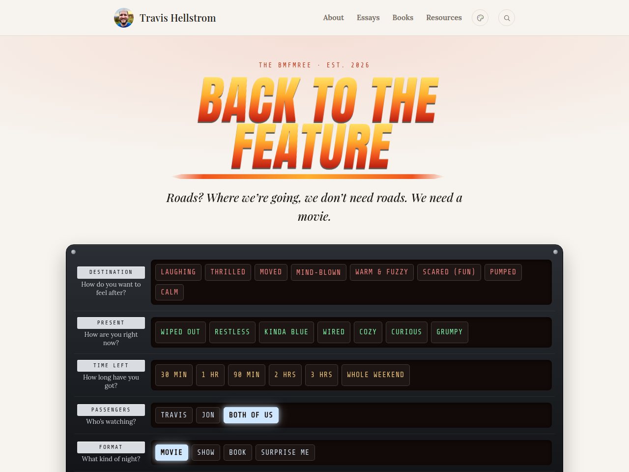 Back to the Feature: the flaming title and the DeLorean time-circuit panel with Destination, Present, Time left, Passengers and Format