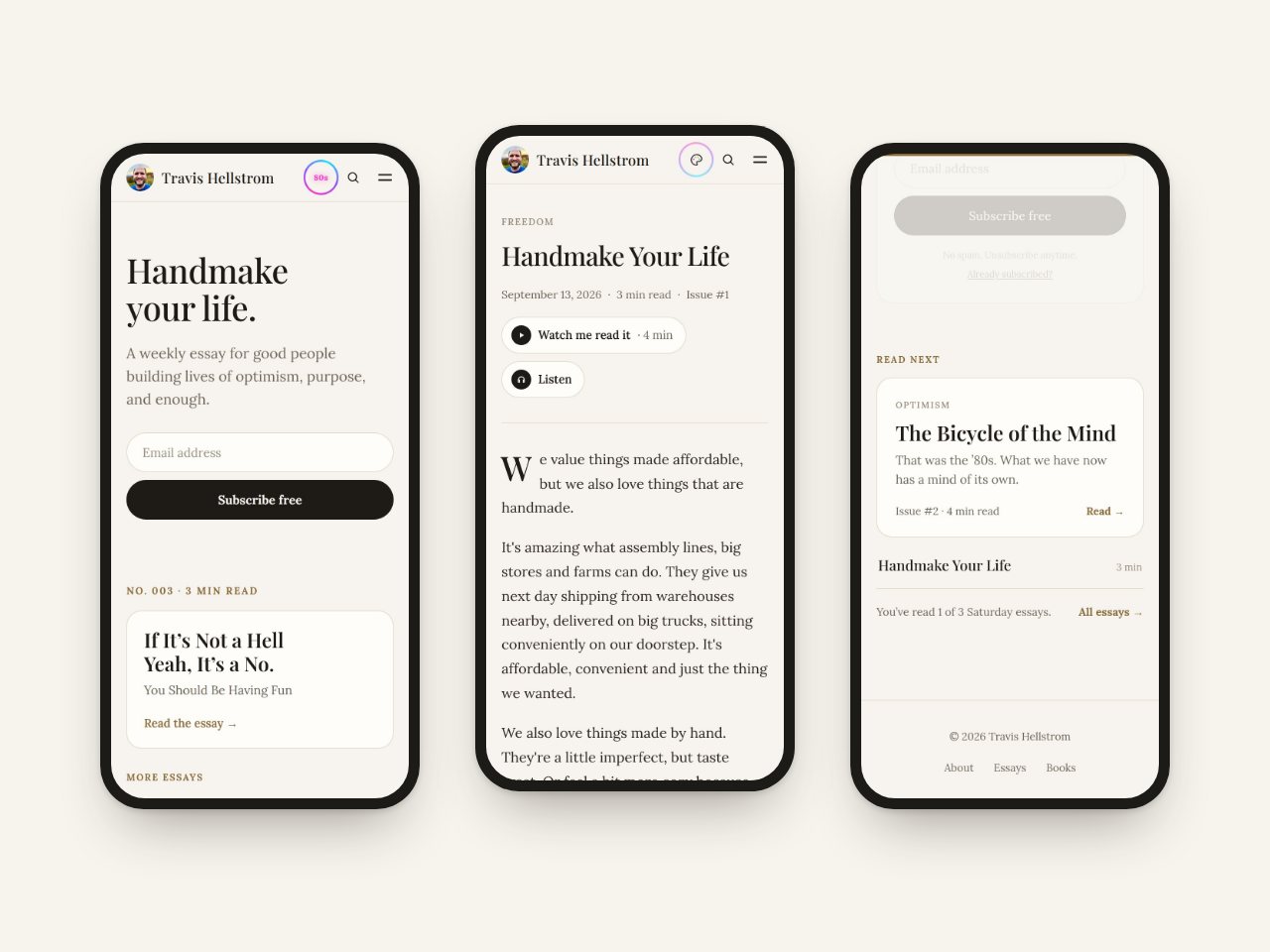Three phones: the homepage, an essay with Watch me read it and Listen buttons, and the Read next card at the end of an essay