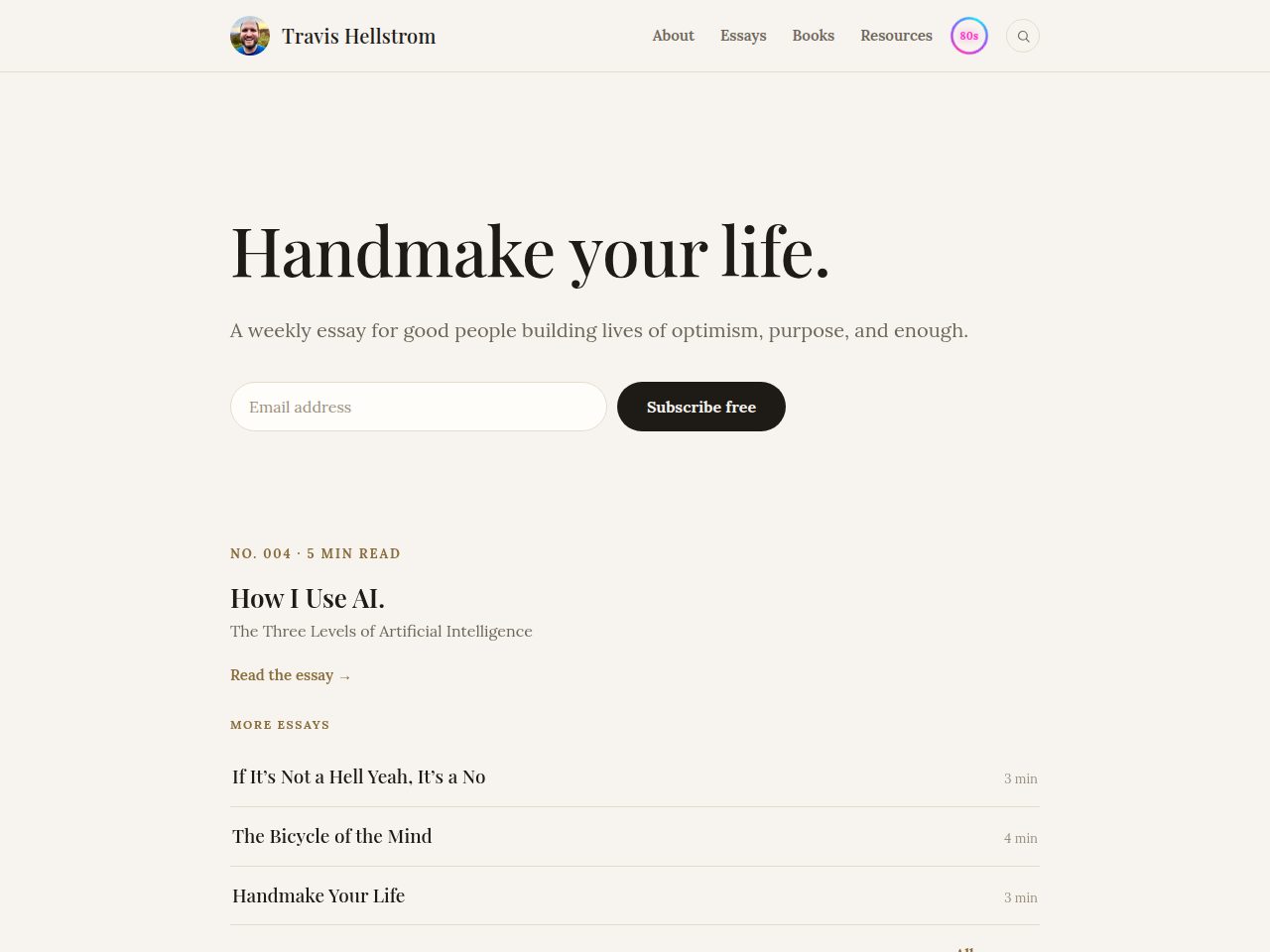 The homepage on October 4, with Essay No. 004 and a list of more essays
