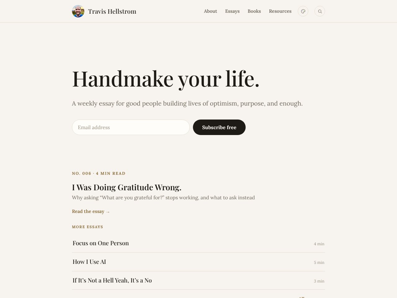 The homepage on October 22, with Essay No. 006, I Was Doing Gratitude Wrong, and a list of more essays